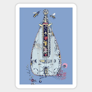 Cyanotype style Hurdy Gurdy with Insects Sticker